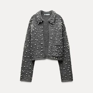 NWT ZARA PEARL KNIT CARDIGAN GRAY SIZE S 3653/137/802